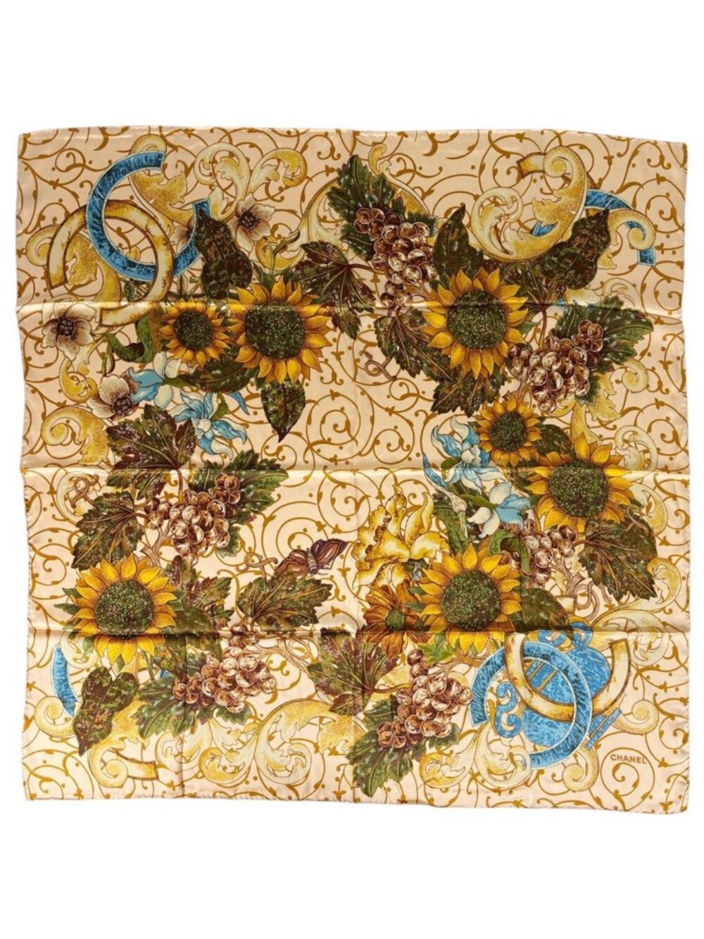 Chanel Scarf CC Logo Sunflower Silk Beige Multicolor